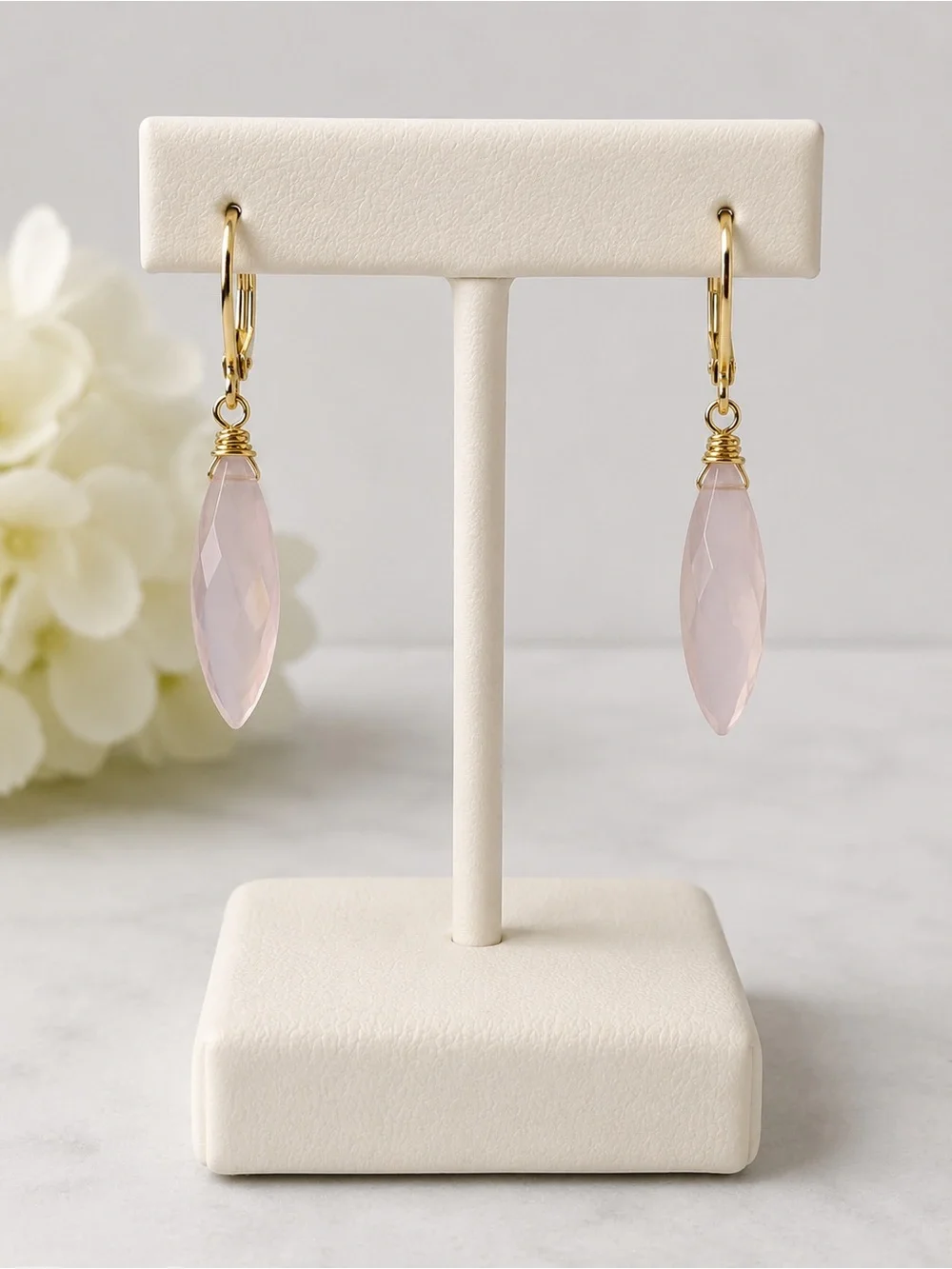 Handmade Pale Pink Chalcedony Marquis Earrings Gold Tone Nickel Free